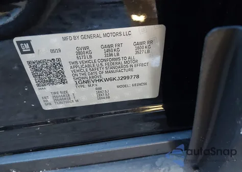 2019 Chevrolet Traverse 3Lt из США, поврежденный, VIN 1GNEVHKW6KJ299778